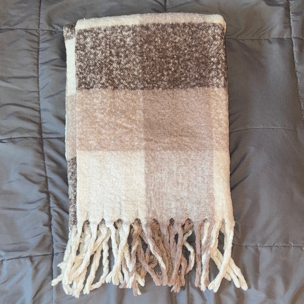 Brown & Cream Soft Plaid Fringe Scarf